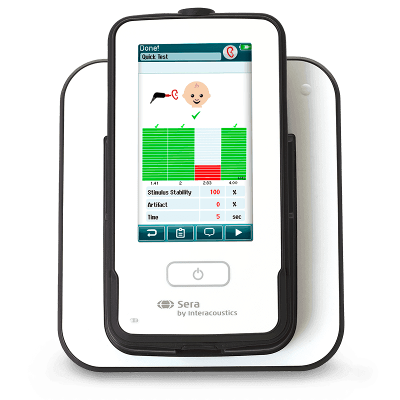 Interacoustics Sera, et otoakustiske emissioner og auditive brainstem response målingssystem med en stor skærm, der viser auditive data